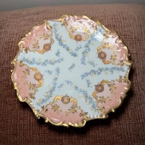 Antique AK Co Limoges France Pink Forget-Me-Not Gold Cabinet Plate 1890-1910